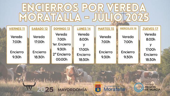 CALENDARIO DE ENCIERROS POR VEREDA, DEL 11 AL 17 DE JULIO FIESTAS  MAYORES DE MORATALLA.